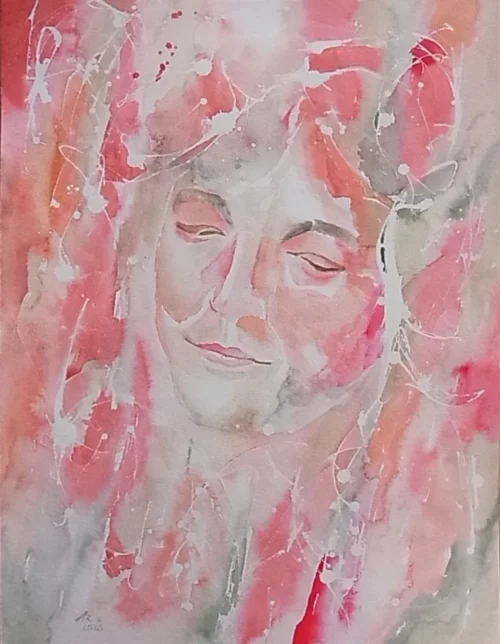 Mensch blickt in Richtung Betrachter nach unten. Modernes Aquarell, expressiv.