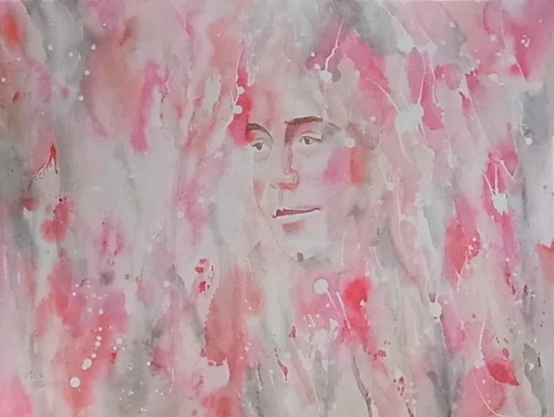 Mensch (Kopf) im Dreiviertelprofil, blickt in die Ferne. Semi-abstraktes Aquarell, romantisch.