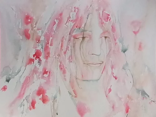 Mensch, umgeben von angedeuteten Blüten und Grün. Semi-abstrakt, romantisch, expressiv. Moderners Aquarell.