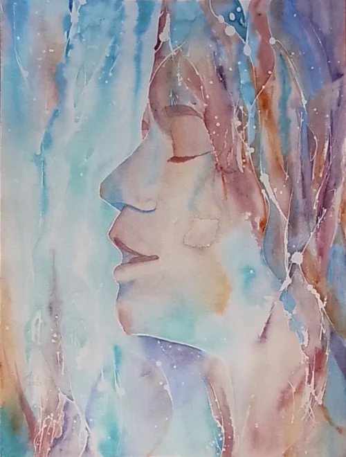 Gesicht eines Menschen im Profil mit geschlossenen Augen und leicht geöffnetem Mund. Farbenfroh, modern, expressiv.