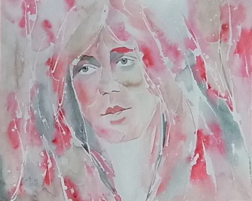 Mensch blickt in die Ferne, in sich ruhend, mit leicht geöffnetem Mund. Semi-abstrakt, expressiv, modernes Aquarell, romantisch.