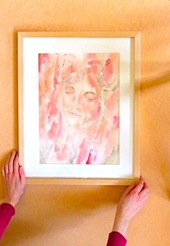 ein Kunstwerk, gerahmt, expressive, intuitive Malerei, Gesicht mit Blick nach unten